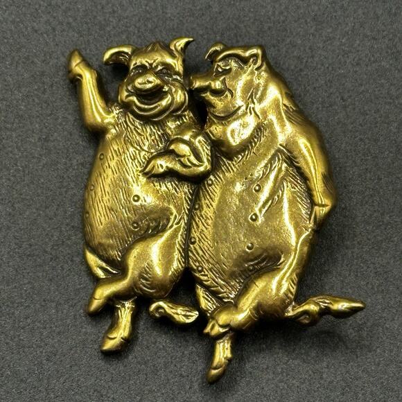 Vintage MFA Museum Fine Arts Gold Tone Dancing Pigs Brooch Pin Farm - Picture 1 of 6